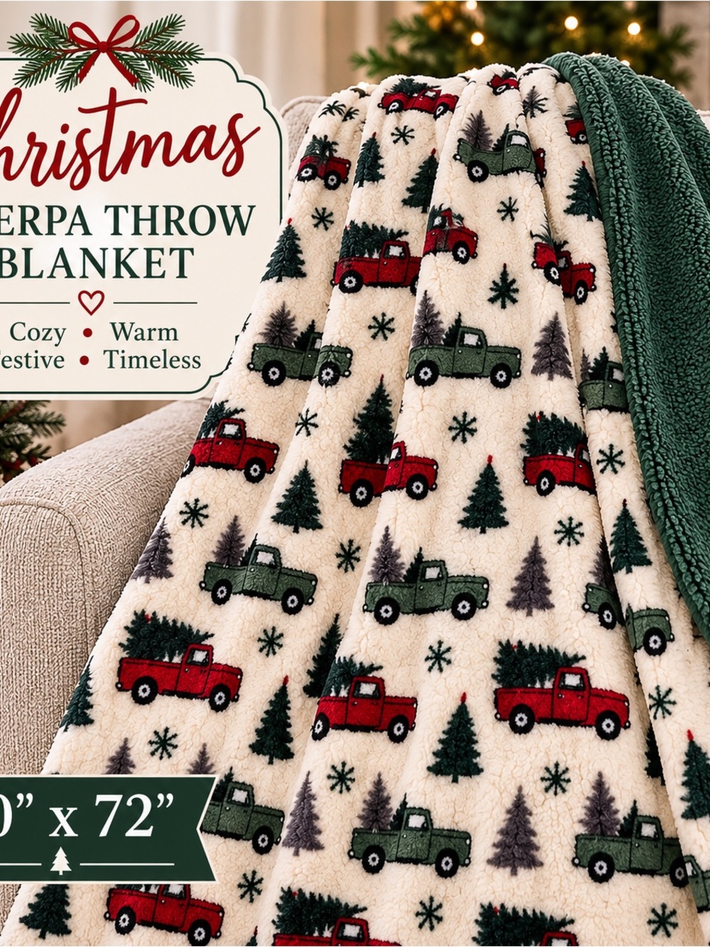60x72 Christmas Sherpa Throw Blanket Red Green Vintage Trucks